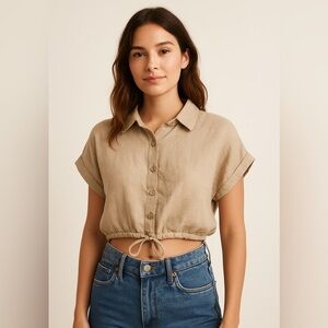 Love83 Beige Cropped Button Up Top Women’s M Woven Boho Coastal Granola Girl